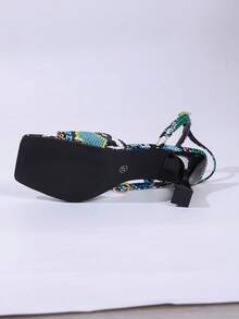 Giày sandal cao gót mũi vuông cho nữ, giày cao gót hở gót buộc dây mùa hè thanh lịch, giày bít mũi da bóng màu nude khoét rỗng gợi cảm. - Họa tiết trăn xanh - Xem 11