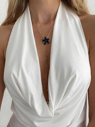 1 pieza Elegante collar en forma de Y con cadena fina de geometría, gota de aceite, pequeña flor y colgante de gota de agua, joyería encantadora con borla, ligero y lujoso, adecuado para boda, fiesta, vacaciones, casual, fotografía callejera, regalo versátil para mujeres, parejas, festival y cumpleaños