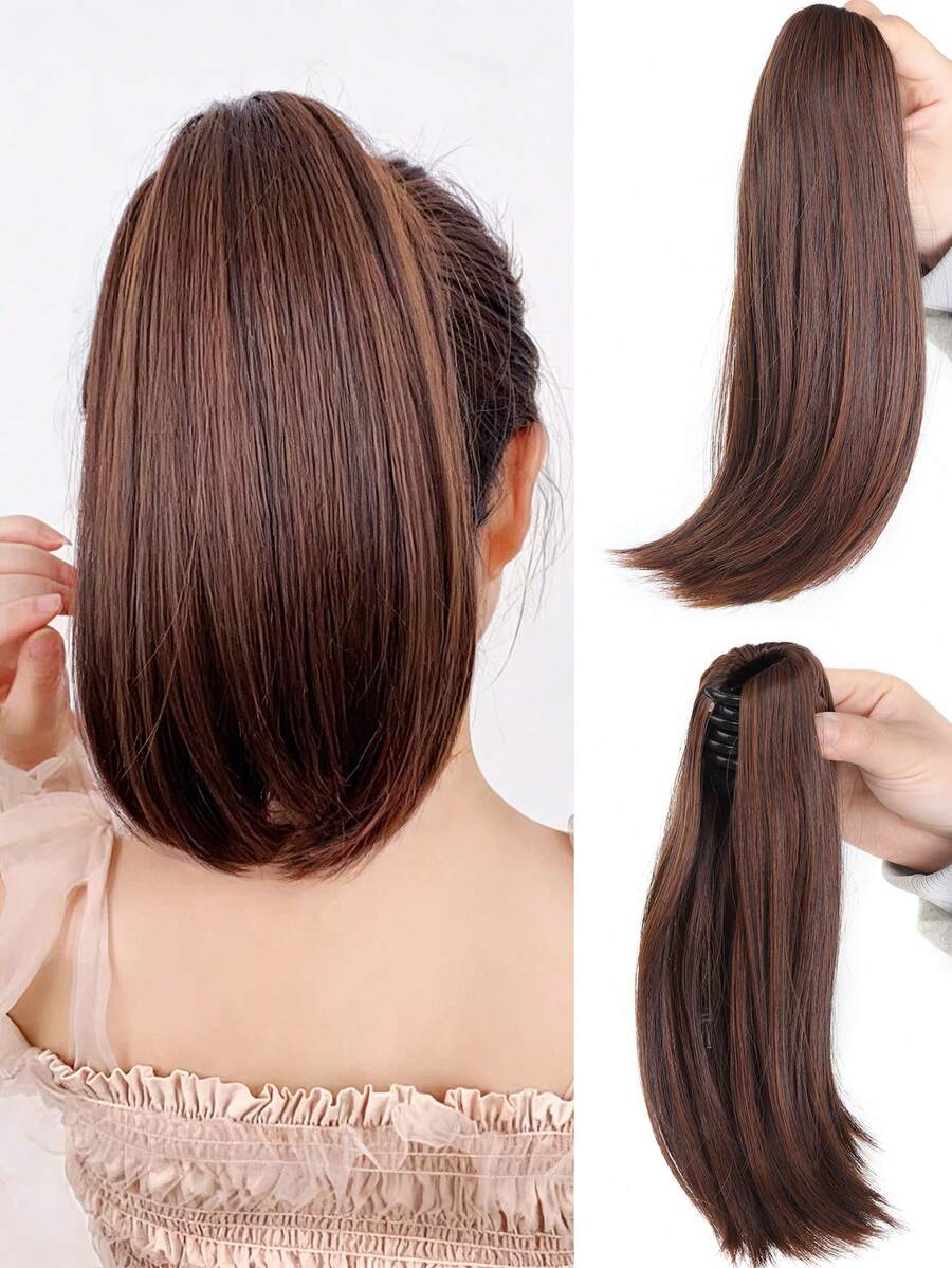 日常自然马尾假发，带夹子，时尚内卷，手工制作马尾假发，经典蓬松短直马尾假发，带夹子，合成纤维假发 - 彩色 - 查看 1