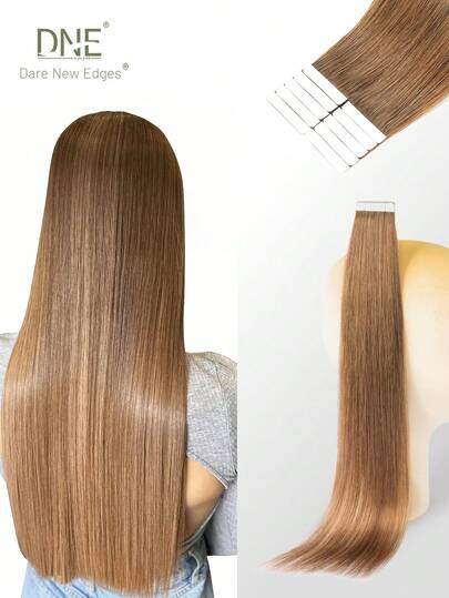 DNE HAIR 10pcs Tape In Hair Extensions 100% Human Hair #6 Light Brown Straight Style In 14-22 Inch Lengths Extensions Silky Seamless Invisible Top Quality Thick Ends Healthy Human Hair Extensions For Thin Hair And Salon Use And For All Women/Girls Daily Use