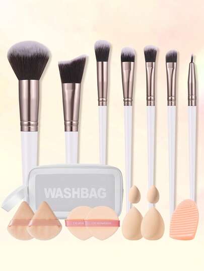17-Piece Professional Makeup Brush And Beauty Sponge Set: Includes 7 Makeup Brushes (For Setting Powder, Blush, Highlighter, And Eyeshadow) + 4 Ultra-Soft, Non-Absorbent Beauty Sponges + 4 Portable Cosmetic Sponges (Peach-Shaped And Triangular), Plus A Brush-Cleaning Egg And A Portable Letter-Printed Makeup Bag-Comprehensive Beauty Tool Set.