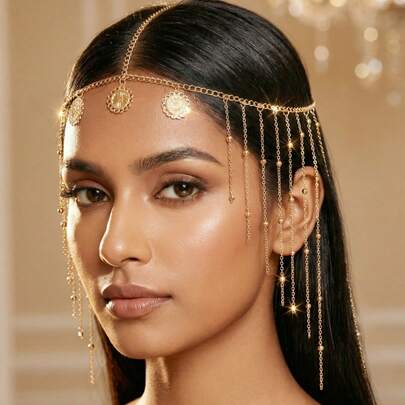 1件金色串珠链条流苏头饰，波西米亚风格女士发饰，适合海滩度假佩戴