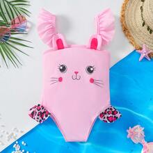 Girls' Pink Cute Bunny Print One-Piece Swimsuit - 淺粉色 - 查看 1