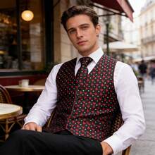 一套圣诞树图案男士马甲 + 1 条领带 + 1 条手帕 + 1 副袖扣 - 彩色 - 查看 1