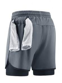 2-In-1 Men's Printed & Solid Color Quick-Dry Shorts, Breathable Stretchy Fabric Suitable For Basketball, Fitness And Outdoor Sports - Light Grey - View 4