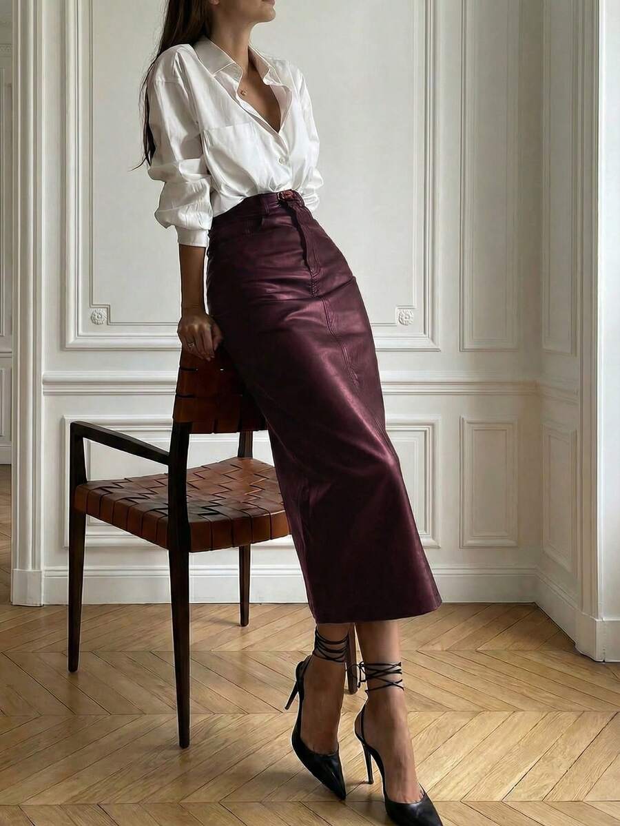 优雅通勤及商务复古皮革高腰修身铅笔中长裙 春季