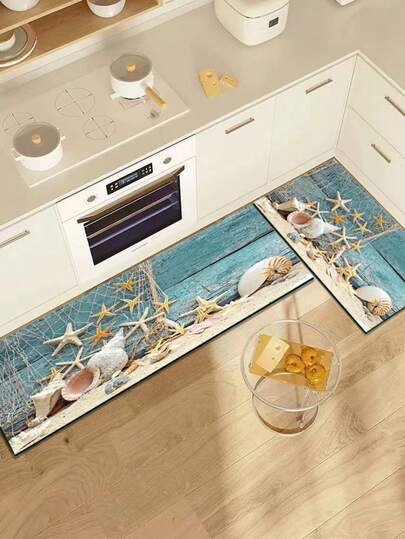1 pieza Estera de cocina de estilo rústico azul-verde de silicona con tablero de madera, decorada con red de pesca blanca, estrella de mar dorada y conchas marinas surtidas, creando un ambiente fresco y natural de resort de playa, trayendo elementos de playa y océano a la cocina. Estera de cocina de lujo y moda, con acolchado anti-fatiga, material de superficie de tela, material absorbente de esponja en el medio, material de goma antideslizante y fácil de limpiar en la parte inferior.