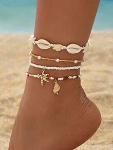 4pcs/Set Beach Vacation Style Metal Starfish, Seashell Pendant, Seed Bead Anklet, Starfish, Shell, Turtle Braided Rope Jewelry Set, Suitable For Daily Wear, Gatherings, Dates, And Beach/Vacation - Multicolor - View 1