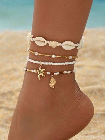 4pcs/Set Beach Vacation Style Metal Starfish, Seashell Pendant, Seed Bead Anklet, Starfish, Shell, Turtle Braided Rope Jewelry Set, Suitable For Daily Wear, Gatherings, Dates, And Beach/Vacation