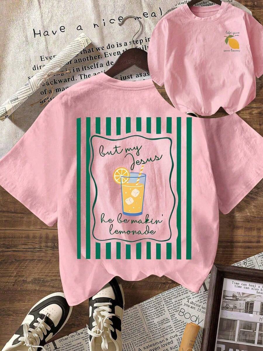 Camiseta informal con estampado de limón para mujer talla grande, cómoda y holgada de cuello redondo, de moda en color rosa para el verano - Rosa - Ver 1