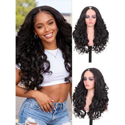 Tóc giả xoăn gợn sóng chữ V, kiểu Yaki U, tóc giả tổng hợp dành cho phụ nữ da đen, dài 22 inch, chịu nhiệt, kiểu tóc thay thế trông tự nhiên, thích hợp sử dụng hàng ngày.