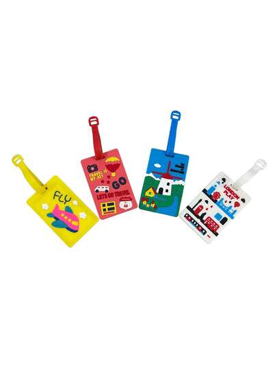 4个行李牌，手提箱行李牌，旅行包/背包/手提包/乐器包姓名地址标签，带信息卡纸和挂扣，卡通PVC软橡胶行李牌，飞机行李牌，登机牌挂绳硅胶卡套，酒店旅行防丢标签。