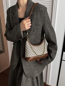 Luxury Retro Printed Commuter Chain Shoulder Bag, New Hobo Crossbody Bag For Women, Ample Capacity For Daily Commute And Shopping - Khaki - View 2