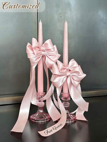 Customized Bow Ribbon, Customizable Text, Wedding Decoration, Party Decoration, Candle Holder Decor, Double Loop Satin Bow Wedding Table Decor, Birthday Party Supplies, Customized Bow Ribbon