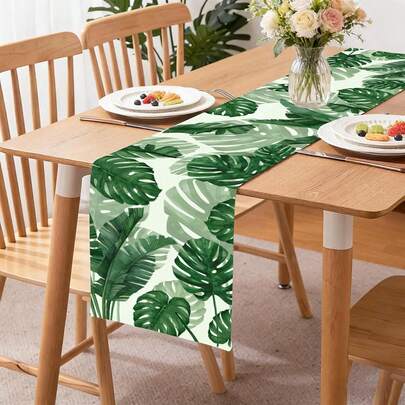 热带绿棕榈叶桌旗，适合春夏餐桌装饰，可用于家庭厨房、餐厅、派对、婚礼、室内/室外等场合。