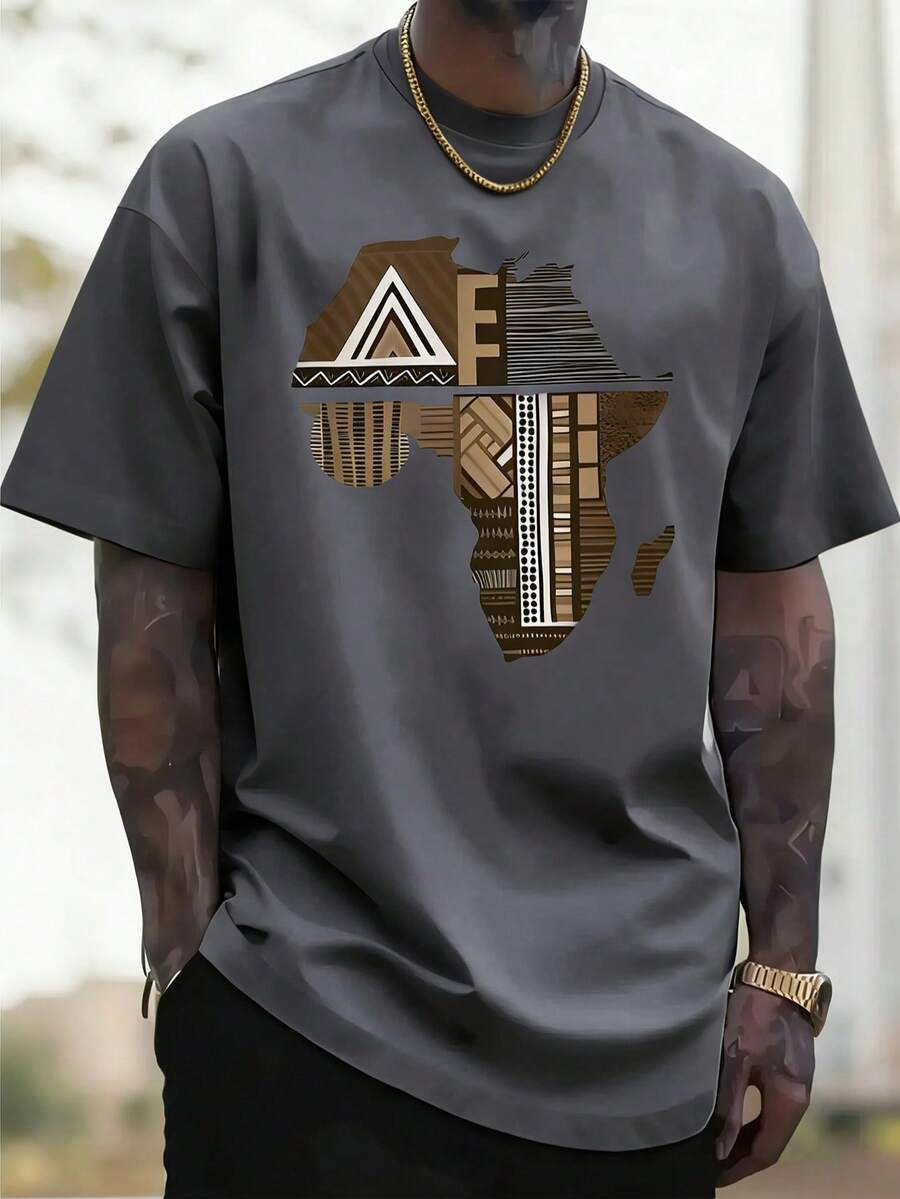 African Map Pattern Printed Round Neck Short Sleeve, Fashion, Unique Design, Outdoor Street Style, Hip Hop Casual Style, Comfortable Fabric, Men's Short Sleeve, Pure Cotton Top, Spring Summer Men's T-Shirt - Xám sắt - Xem 1