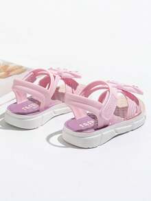 1 Pair Solid Color Fashionable Breathable Children's Sandals, Decorated With Bow And Rhinestones Girls' Flat Sandals, Convenient Hook And Loop Closure Waterproof Sandals, Suitable For Girls' Beach, Water, Holidays, School, Vacation Wear In Spring And Summer - Purple - View 6