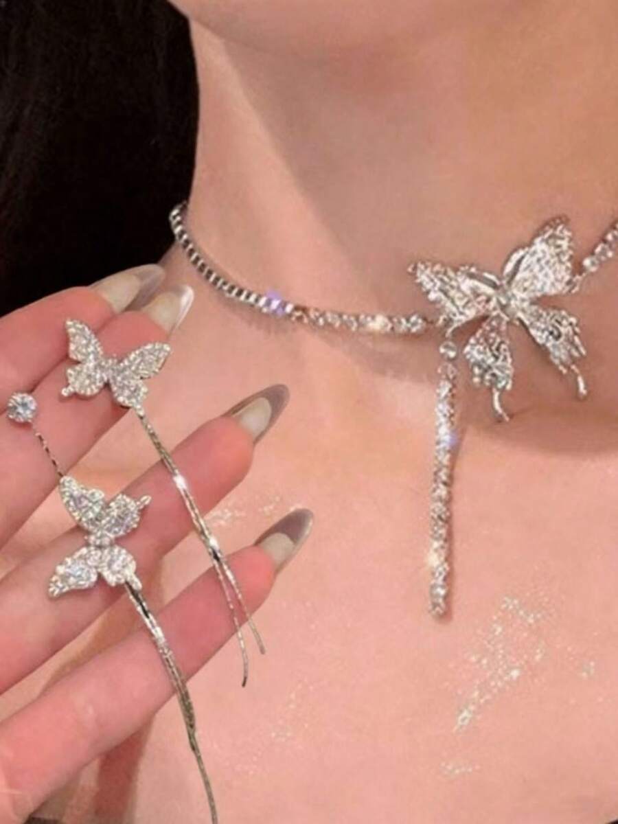 三件套优雅合金蝴蝶流苏耳环、项链，时尚奢华闪亮水滴耳环，女士高端颈链 - 銀色 - 查看 1