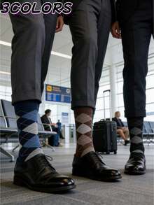 LAOPAO 3双男士商务袜，经典菱格纹图案，展现英伦绅士风范，适合搭配西装和皮鞋，高弹透气面料，吸湿排汗，时尚商务休闲袜 - 彩色 - 查看 1