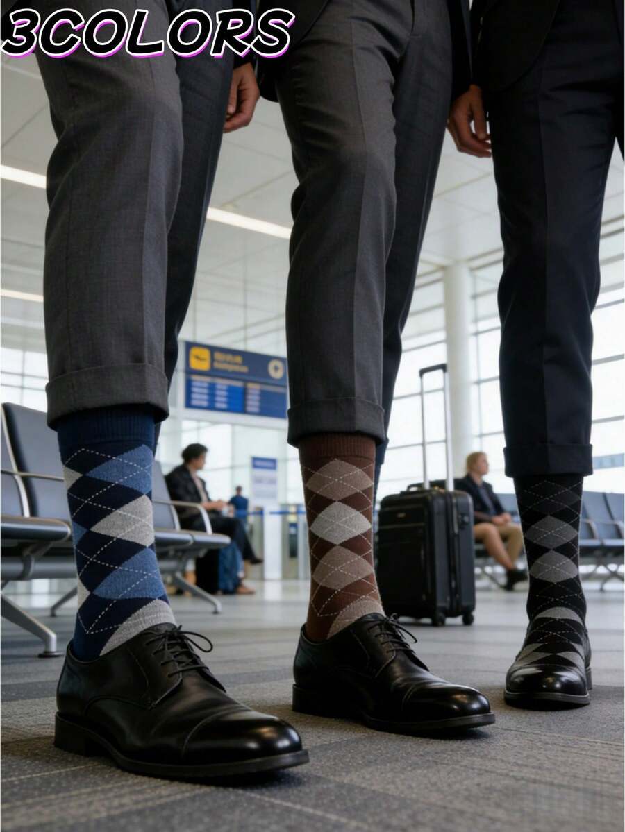 LAOPAO 3双男士商务袜，经典菱格纹图案，展现英伦绅士风范，适合搭配西装和皮鞋，高弹透气面料，吸湿排汗，时尚商务休闲袜 - 彩色 - 查看 1