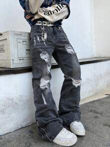 男士喇叭牛仔裤 - 喇叭形弹力牛仔裤，休闲舒适做旧弹力牛仔裤，哥特风拉链裤脚牛仔裤，Y2K灰色修身弹力时尚牛仔裤 - 灰色 - 查看 5