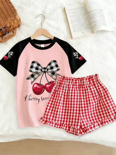 少女甜美可爱樱桃格子蝴蝶结印花撞色短袖圆领T恤+红色格子短裤两件套，新款春夏休闲可爱少女日常穿搭套装