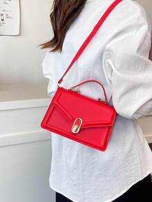 Fashionable Minimalist Solid Color Shoulder Crossbody Handbag With Metallic Hardware, Small Square Bag For Women - Red - View 5
