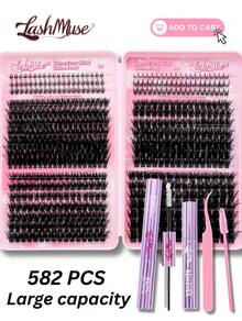 1BOX/2BOXES 582PCS/1164PCS Individual Lash Clusters (D/DD Curl), 120 Clusters Of Lower Lashes, 80D100D120D150D Lash Clusters,DIY Lash Extension Kit, Includes Lash Glue, Tweezers, Remover, Perfect For Party, Wedding, Halloween, Christmas, Daily Wear - Hồng - Xem 3