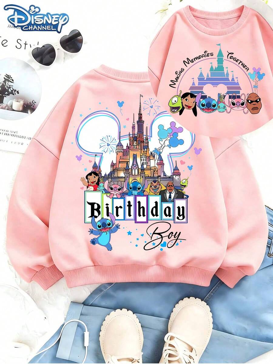 This Hoodie Is Inspired By Disney Castles And Lilo & Stitch, Featuring A Lively And Fun Design That Incorporates Disney Castle, Fireworks, And Balloon Patterns Within A Mickey Mouse Head Silhouette. The Soft And Warm Fabric Makes It Perfect For Everyday Wear, Family Outings, And Various Other Occasions. - Hồng - Xem 1