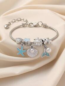 1pc Elegant & Cute Ocean Style Seashell, Starfish, Fish Tail Beaded Bracelet, Suitable For Women's Daily, Casual, Party, Beach Wear - Multicolor - View 2