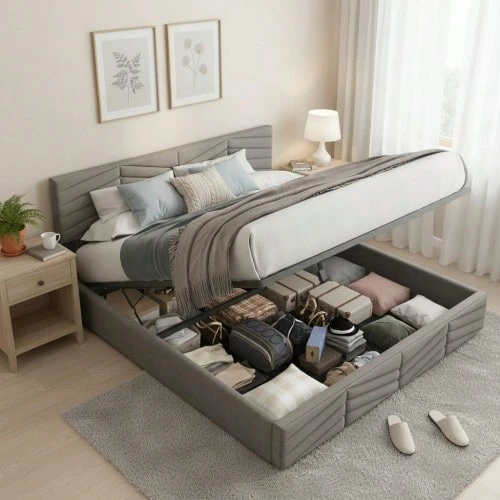 Upholstered Bed, Double Bed, Hydraulically Adjustable Base, Velvet, Stripes, Continental Style, Height-Adjustable Headboard, 180 X 200 Cm, Grey - Grey - View 1