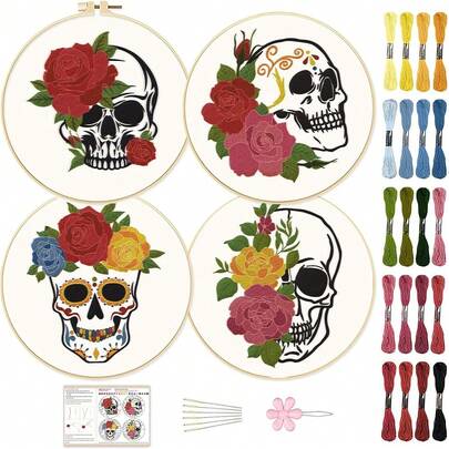 4 قطع طقم تطريز DIY بتصميم الجمجمة والزهور - ديكور تطريز قماش بطراز بانك داكن، يشمل 4 أقمشة تطريز مطبوعة، خيوط كافية، أدوات تطريز وتعليمات باللغة الإنجليزية - مناسب لهواة الخياطة، ديكور فريد للحفلات والمنزل