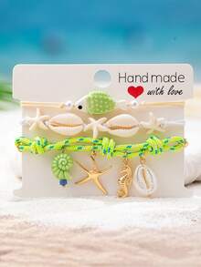 3 Pcs Ocean Theme Handmade Woven Rope Bracelets Set With Starfish Charms, Bohemian Boho Handbraided Cowrie Shell Bracelet, Summer Vacation Jewelry For Women - Multicolor - View 2