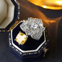 不对称花朵四爪方形黄色合成锆石戒指，可调节开口设计，女士订婚礼物珠宝 - 白色 - 查看 8