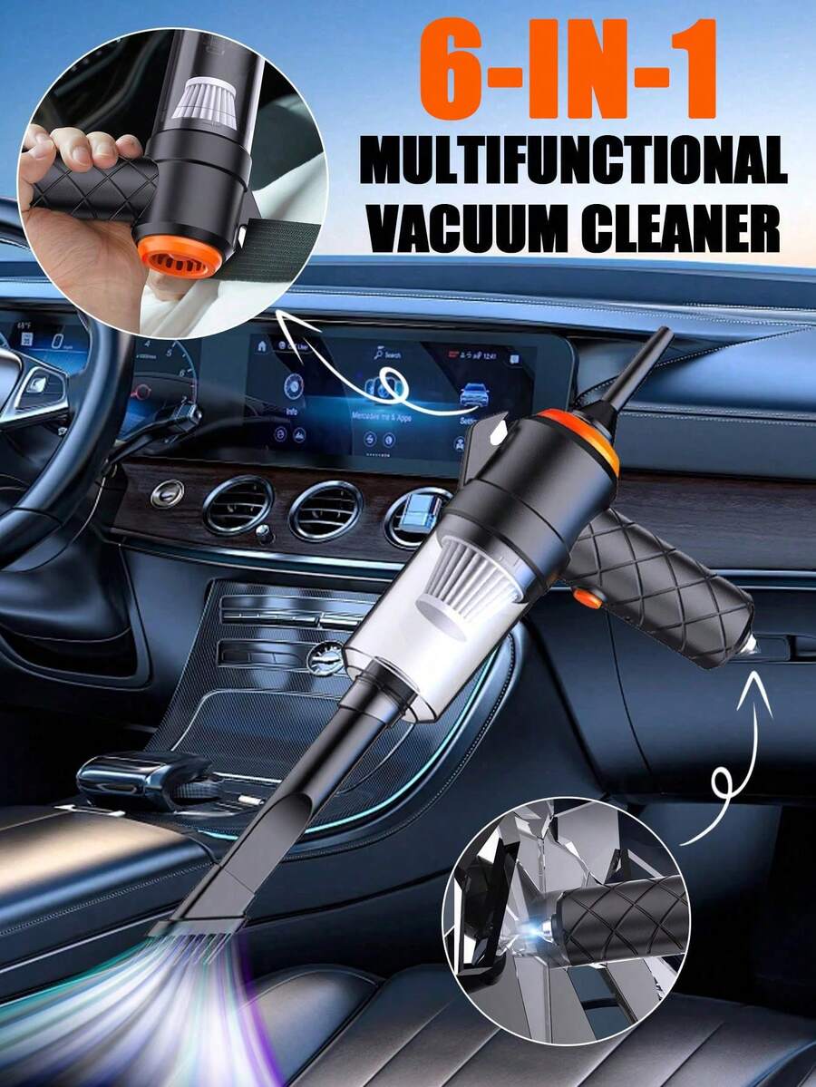 Máy hút bụi mini 6 trong 1, dụng cụ vệ sinh xe hơi cầm tay với chức năng phá kính khẩn cấp và cắt dây an toàn, bộ dụng cụ vệ sinh xe hơi có thể sạc lại dùng cho ô tô, nhà cửa, văn phòng, thú cưng, sạc USB.