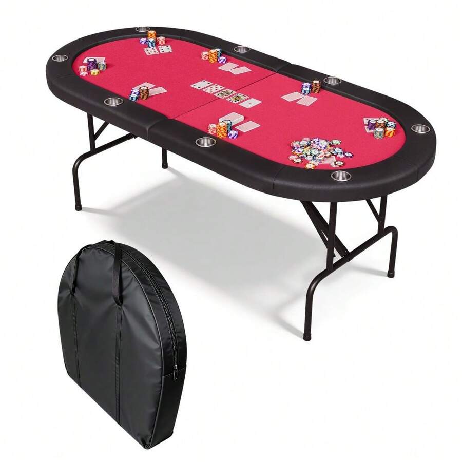 Mesa de póquer plegable para 8 jugadores, mesa de casino Texas Holdem de 72 pulgadas con barandillas acolchadas y portavasos, mesa de juego plegable portátil para el hogar o la sala de juegos - Color: ribete negro + rojo - Ver 1