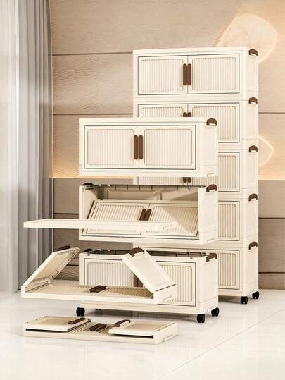 Armário de armazenamento dobrável de 3/4 camadas, sem necessidade de instalação, dobrável, com rodízios universais para fácil movimentação, portas duplas com grande capacidade, feito de materiais resistentes, adequado para salas de estar e quartos.