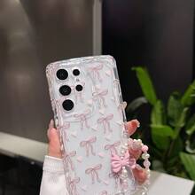 1pc Ins Style Cream Texture Full-Screen Heart & Bow Knot + Bow Lanyard, Fashionable Perforated Anti-Fall Phone Case, Suitable For IPhone 11 12 13 14 15 16 17 Series, Suitable As Gift For Family, Friends, Holidays - Clear - View 5
