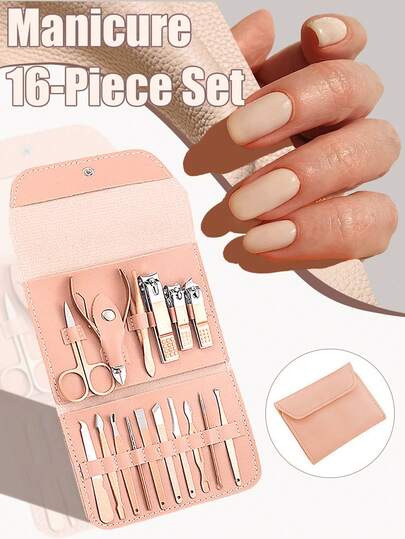 16pcs Professional Manicure Set - Includes Nail Clippers, Cuticle Pusher, Scissors, Tweezers, Nail File, Ear Pick And More, With Portable Leather Case, Suitable For Home, Salon Use Or As A Gift