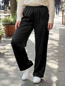 Pantalones para Mujer Marrón Sólidos, Cintura Elástica y Pierna Ancha Larga, Elegantes para Uso Casual y Fin de Semana en Verano - Negro - Ver 7