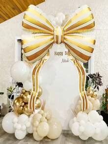 1pc 61-Inch Striped Bow Foil Balloon, Platinum Striped Bow Foil Balloon, Bow Decor Balloon, For Wedding, Engagement, Birthday, Bridal Shower, Proposal, Photo Shoot Decor, Princess Birthday Party, Bachelorette, Anniversary, Tea Party, Valentine's Day, Huge Bow Decor Background - Multicolor - View 4