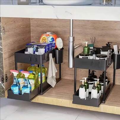 1 Kệ kéo đa năng nhà bếp, kệ hai tầng tiết kiệm không gian dưới bồn rửa nhà bếp có móc, ngăn kéo đựng đồ bằng nhựa, giá đựng gia vị, giá đựng đồ nhà tắm, thích hợp để đựng gia vị, dụng cụ nhà bếp, bát đĩa, đồ dùng nhà bếp, đồ dùng vệ sinh cá nhân, mỹ phẩm, v.v. Đây là dụng cụ lưu trữ nhà bếp rất phù hợp cho phòng tắm, nhà bếp, bồn rửa, phòng ngủ.
