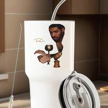30oz Stainless Steel Tumbler Black White Options,  Drake Holding Golden Cup And Chain Graphic Cups, Insulated Travel Coffee Mug With Lid And Straw , Double Wall Vacuum Reusable Travel Cups, Funny Birthday Party Gift For Women & Men - 白色 - 查看 1