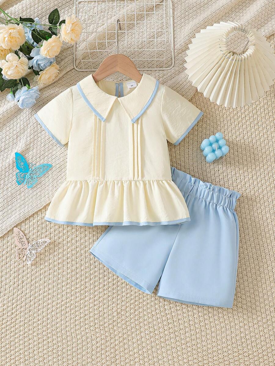 2pcs/Set Young Girls' Fresh & Gentle Contrast Color Collar Top + Solid Color Casual Shorts Set, Summer - Apricot - View 1