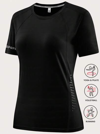 女士吸湿排汗透气短袖圆领T恤，侧边印花速干舒适运动服，适合运动、健身、跑步