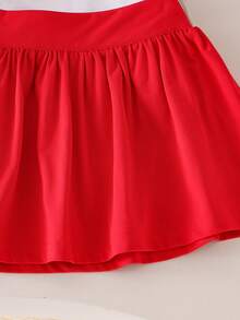 2pcs/Set Young Girl Cute Sweet White Cap Sleeve T-Shirt + Red Skirt Outfit, Summer Holiday Style - Red - View 8