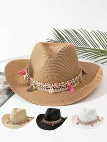 Sombrero de paja bohemio de estilo veraniego, sombrero de playa, sombrero de vaquero - Camel - Ver 8