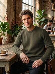 Men's Basic Plain Knit Sweater With Round Neck, Casual Long Sleeve Knit Blouse For Winter - 黑色 - 查看 4