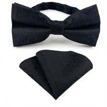 2pcs/Set Men's Formal Occasion Silk Adjustable Bow Tie, Pocket Square And Cufflinks Set - Black - View 2