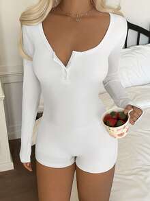 Vaiaye 女士 V 领纽扣纯色简约连体裤 - 修身长袖短款连体裤，适合健身、性感百搭的户外运动、毕业典礼、返校季、秋冬季针织连体裤，春季优雅白色 - 白色 - 查看 7